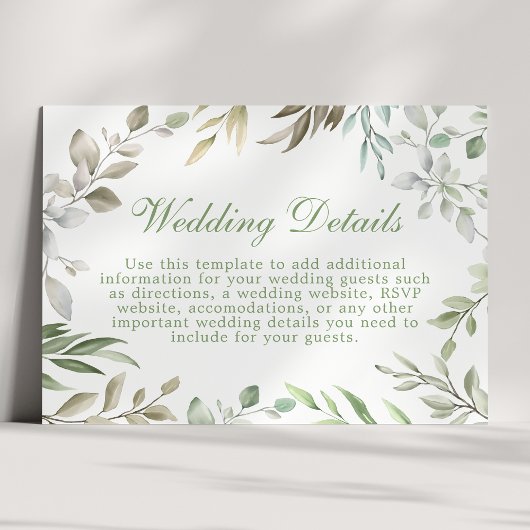 Landelijke groene waterverfbladeren trouwdetails informatiekaartje