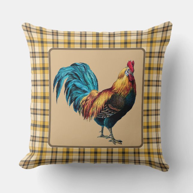 Landelijke Haan Bruin Geruit Kussen (Voorkant)