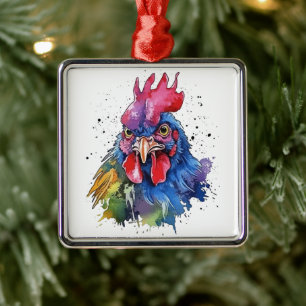 Landelijke Haan Kip Watercolor Stijl Metalen Ornament