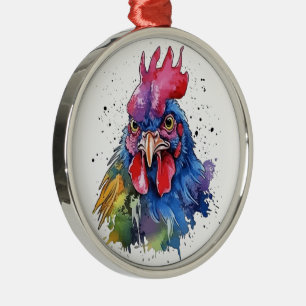 Landelijke Haan Kip Watercolor Stijl Metalen Ornament