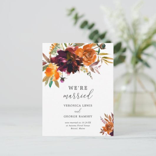 Landelijke herfst bloemige elegante trouwdag aankondigingskaart (Staand voorkant)