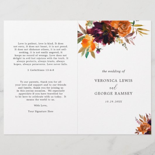 Landelijke herfst bloemige elegante trouwprogramma (Voorkant)