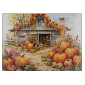 LANDELIJKE HERFST BOERDERIJ MET HERFST POMPOENEN SNIJPLANK