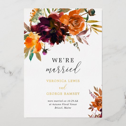 Landelijke herfstbloemen elegante trouwreceptie folie uitnodiging (Voorkant)