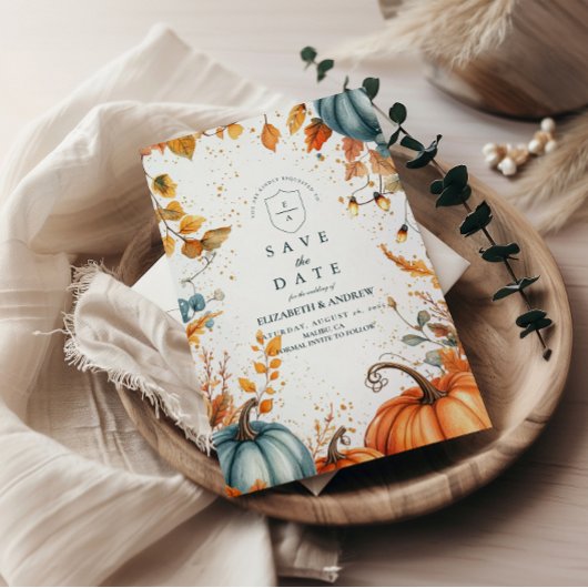 Landelijke herfstbruiloft met pompoen save the date