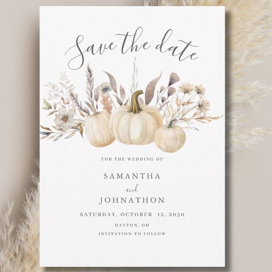 Landelijke herfstbruiloft met pompoen save the date