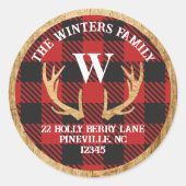 Landelijke herten geweien Buffalo geruit adreslabe Ronde Sticker (Voorkant)