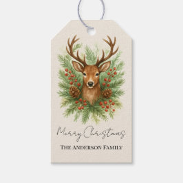 Landelijke herten kop uit het bos met winter blad  cadeaulabel