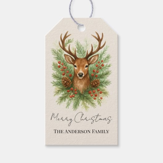 Landelijke herten kop uit het bos met winter blad cadeaulabel (Voorkant)