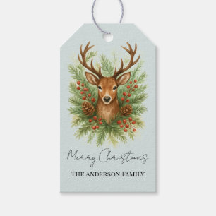 Landelijke herten kop uit het bos met winterfoliag cadeaulabel