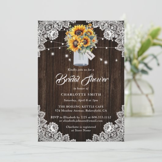 Landelijke Houten Baby's Breath Zonnebloem Bruidsd Kaart (Staand voorkant)