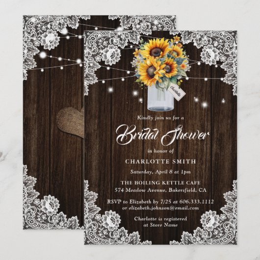 Landelijke Houten Baby's Breath Zonnebloem Bruidsd Kaart (Voorkant / Achterkant)