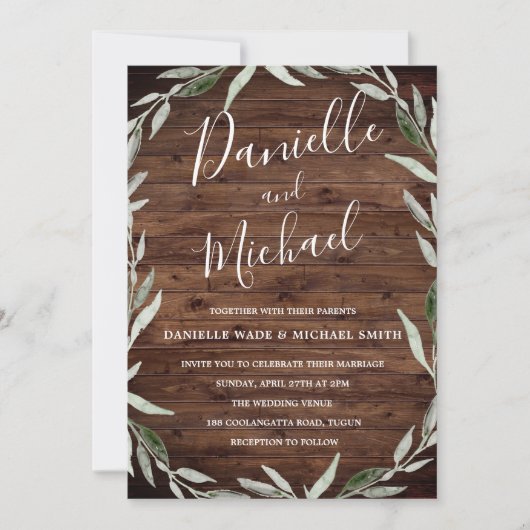 Landelijke houten bladkrans schuur bruiloft uitnod kaart (Voorkant)