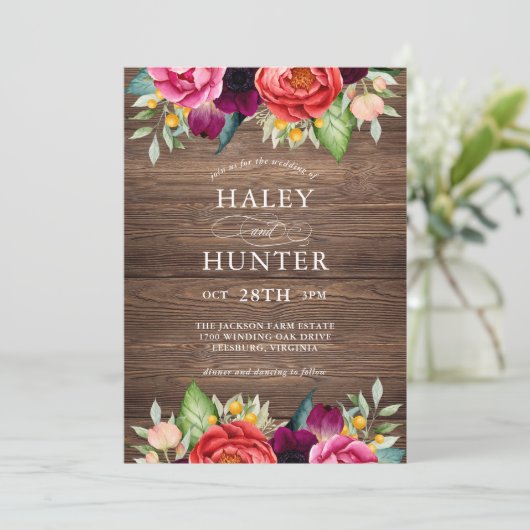 Landelijke houten bloemige trouwlocatie kaart (Staand voorkant)