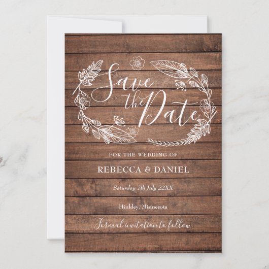 Landelijke houten bloemmotief  save the date (Voorkant)