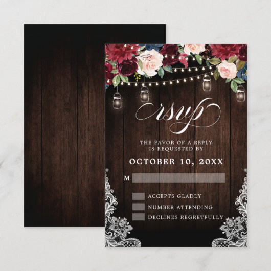 Landelijke Houten Burgundy Bloemrijke Mason Jar Hu RSVP Kaartje (Voorkant / Achterkant)