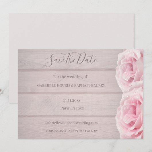 Landelijke Houten Echt Roze Rozen Save The Date Tr Kaart (Voorkant / Achterkant)