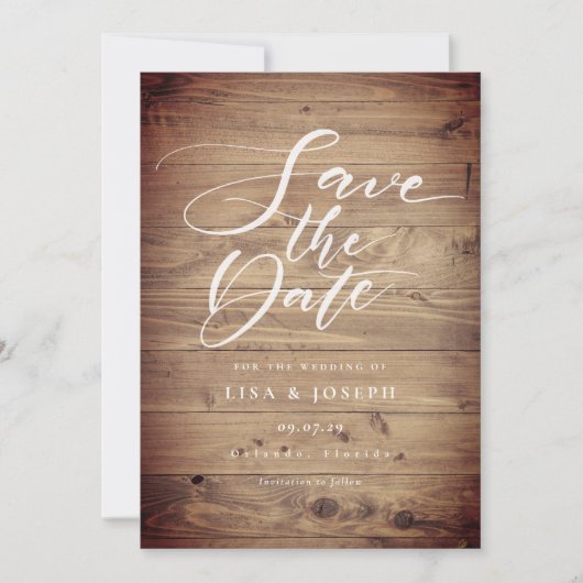 Landelijke houten elegante script save the date (Voorkant)