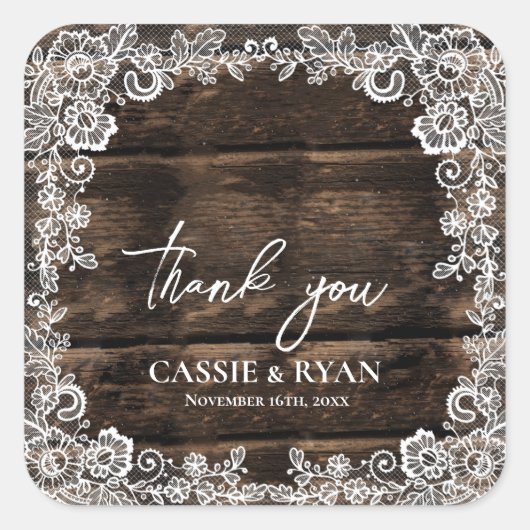 Landelijke houten kant bloemige trouw bruiloft dan vierkante sticker (Voorkant)