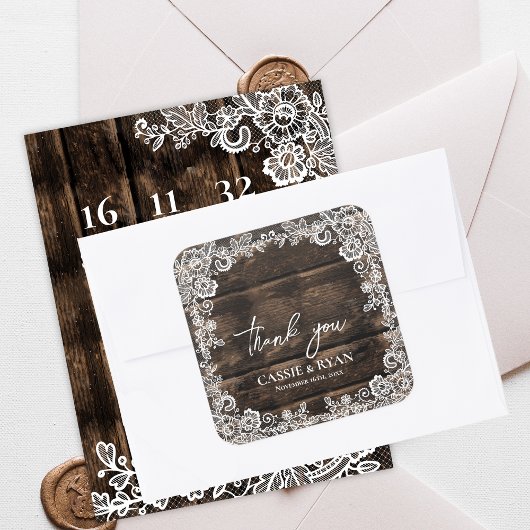 Landelijke houten kant bloemige trouw bruiloft dan vierkante sticker