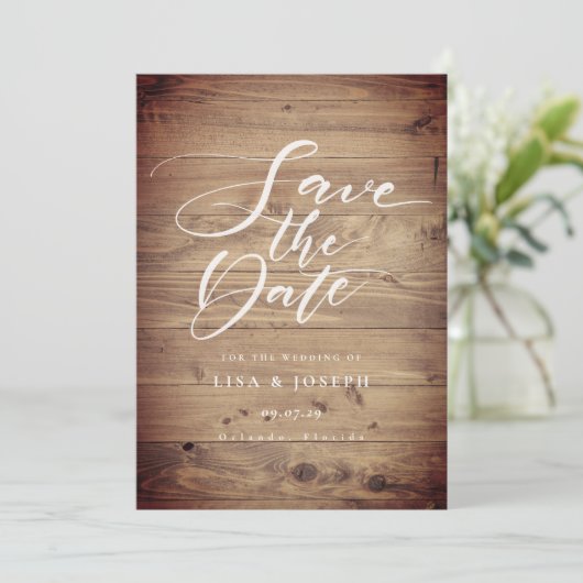 Landelijke Houten Land Script Bewaar de Datum Kaart (Staand voorkant)