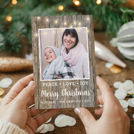 Landelijke houten lichten foto vrolijk kerstfeest feestdagenkaart