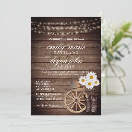 Landelijke houten loop bruiloft met Daisy Flowers Kaart (Staand voorkant)