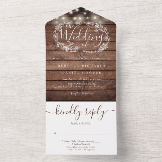 Landelijke houten slingerlichtjes script bloem bru all in one uitnodiging (Binnen)