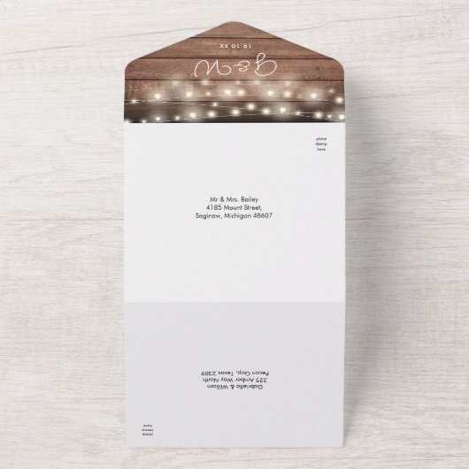 Landelijke Houten Snoerlampjes Monogram Foto Trouw All In One Uitnodiging (Buitenkant)