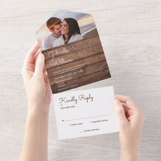 Landelijke Houten Snoerlampjes Monogram Foto Trouw All In One Uitnodiging (Afscheurbaar)