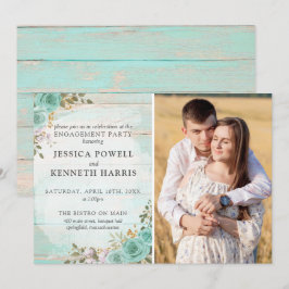 Landelijke houten turquoise rozen verlovingsfeest  kaart