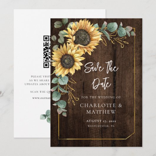 Landelijke houten zonnebloem groen save the date (Voorkant / Achterkant)