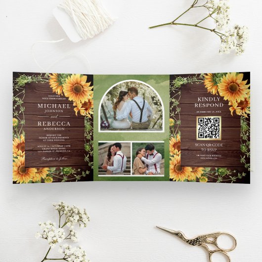 Landelijke Houten Zonnebloemen Foto Boog QR Code T Drieluik Uitnodiging