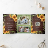 Landelijke Houten Zonnebloemen Foto Boog QR Code T Drieluik Uitnodiging (Binnen)