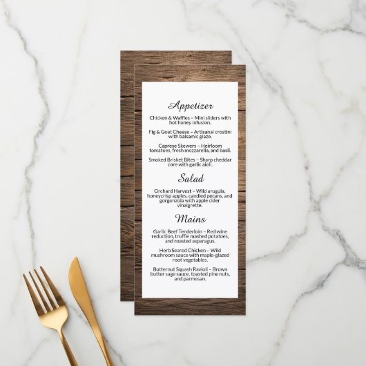 Landelijke houtstructuur landelijke bruiloft diner menu (Voorkant / Achterkant in situ)