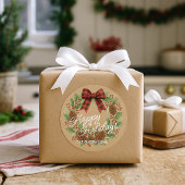 Landelijke hulstkrans rood zwart geruit lint ronde sticker