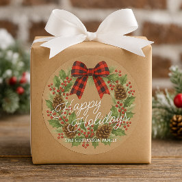 Landelijke hulstkrans rood zwart geruit lint ronde sticker