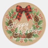 Landelijke hulstkrans rood zwart geruit lint ronde sticker (Voorkant)