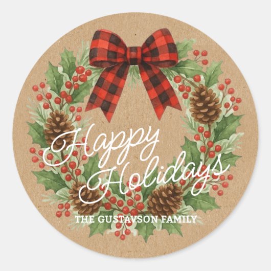 Landelijke hulstkrans rood zwart geruit lint ronde sticker (Voorkant)