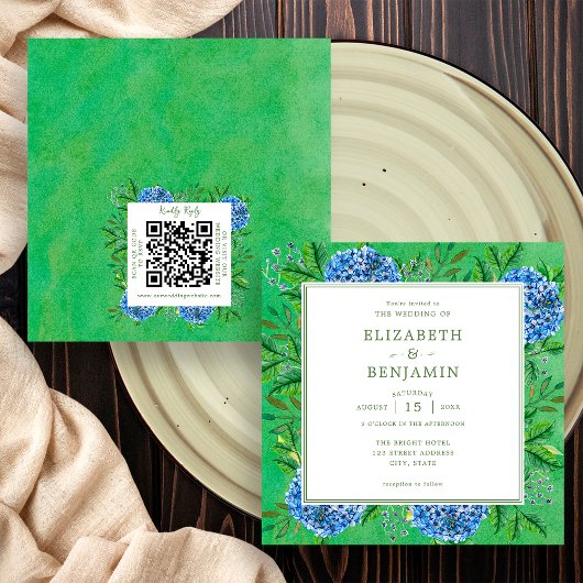 Landelijke Hydrangea's Trouwuitnodiging Met QR-cod Kaart