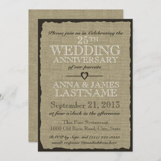 Landelijke jubileum bruiloft met jute kaart (Voorkant / Achterkant)