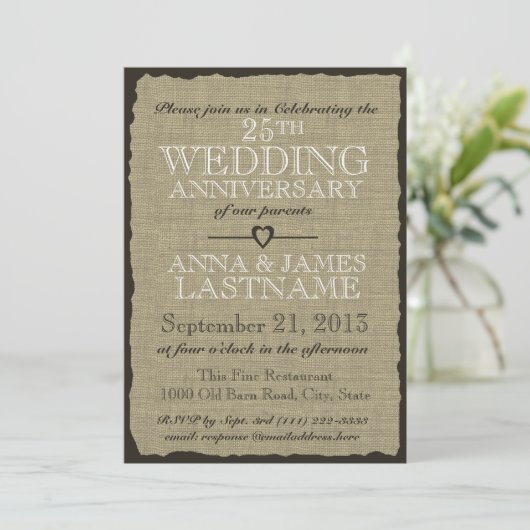 Landelijke jubileum bruiloft met jute kaart (Staand voorkant)