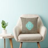 Landelijke jute uitstraling, turkooizen monogram kussen (Stoel)