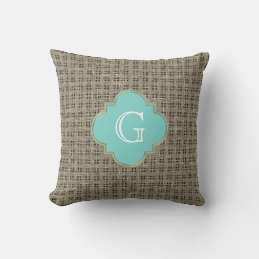 Landelijke jute uitstraling, turkooizen monogram kussen (Voorkant)