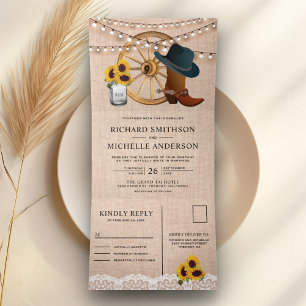 Landelijke Jute Zonnebloemen Cowboy Westerse Huwel Drieluik Uitnodiging