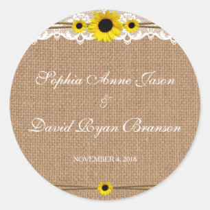 Landelijke Kant, Zonnebloemen, Jute Bruiloft Custo Ronde Sticker
