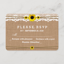 Landelijke Kant, Zonnebloemen, Jute Huwelijks RSVP Kaartje