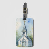 Landelijke kerkpad in bloemenweide bagagelabel (Voorkant (verticaal))