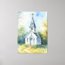 Landelijke kerkpad in bloemenweide canvas afdruk