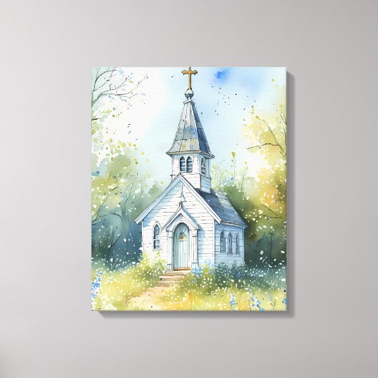 Landelijke kerkpad in bloemenweide canvas afdruk (Voorkant)